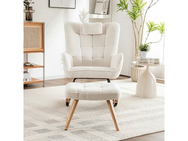  Fauteuil à bascule blanc avec repose-pieds et coussin, tissu polaire bouclette, largeur 65 cm  - Conforama B
