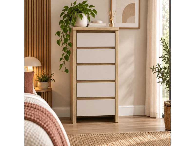  Chiffonnier 5 tiroirs meuble de rangement coloris chêne mauvellacachemire - longueur 56 x profondeur 40,5 x hauteur 112,5 cm  - Conforama B
