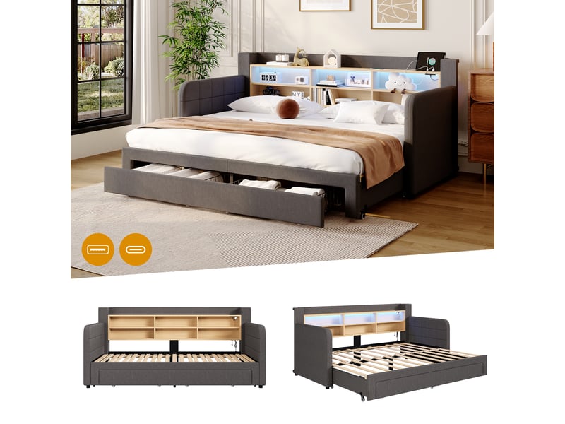 Canapé-lit 90 x 200 cm - avec lit gigogne - avec éclairage led - avec 2 tiroirs - tissu velours - gris (matelas non inclus) - Conforama E