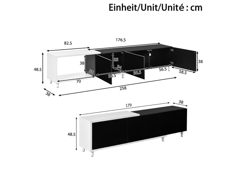  Meuble tv extensible avec 3 portes laquées brillantes, pieds métalliques, charnières silencieuses, noir et blanc  - Conforama C