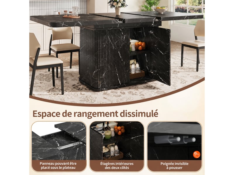  Table à manger extensible 140-180 cm effet marbre noir avec rangement caché et façade rainurée  - Conforama D
