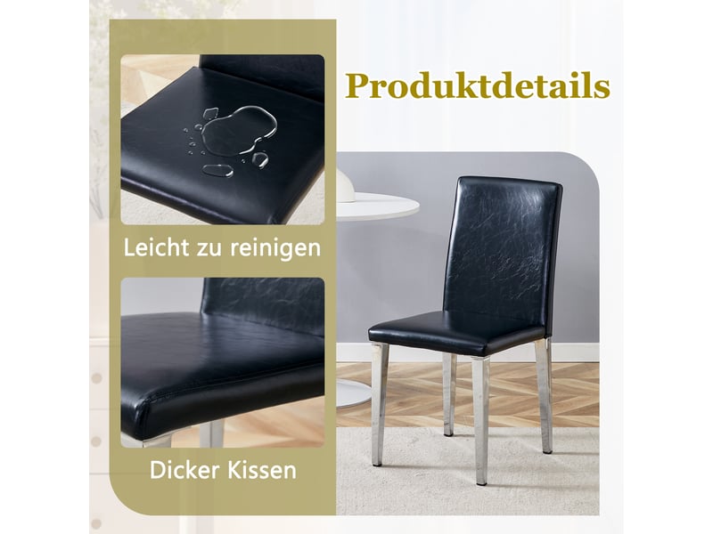 Lot de 6 chaises de salle à manger design, simili cuir noir et pieds métal argentés, style luxe léger européen pour salle à manger et salon - Conforama E