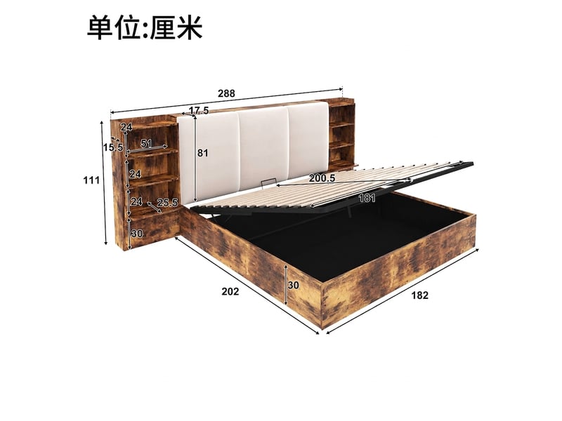  Lit coffre 180x200 marron, cadre de lit avec rangement hydraulique et led  - Conforama E