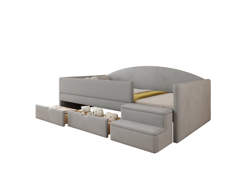  Modenvie lit enfant capitonné 90x190 cm - avec 2 tiroirs, marches antiderapantes, sans matelas - gris  - Conforama A