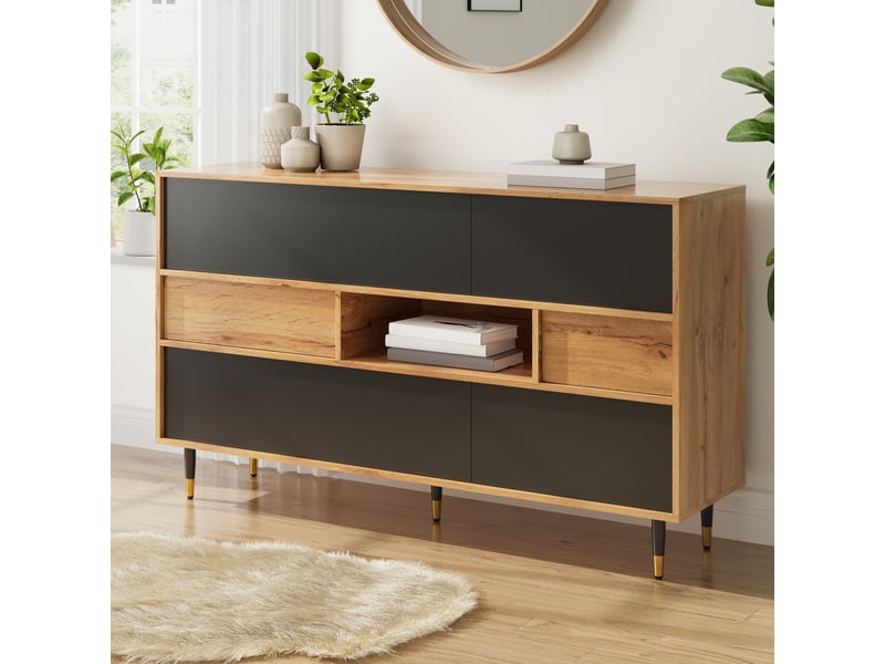 Buffet 140x40x84,5 cm, meuble entrée salon avec 2 tiroirs, 2 portes latérales et étagère - Conforama D