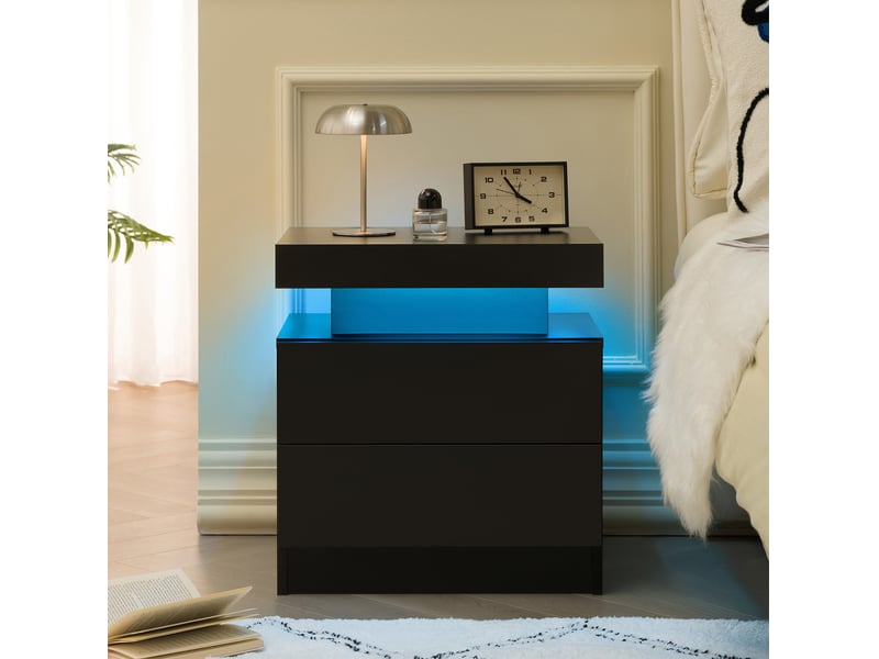  Table de chevet led moderne noire – 2 tiroirs et niche ouverte – 50 x 53 x 36 cm  - Conforama B