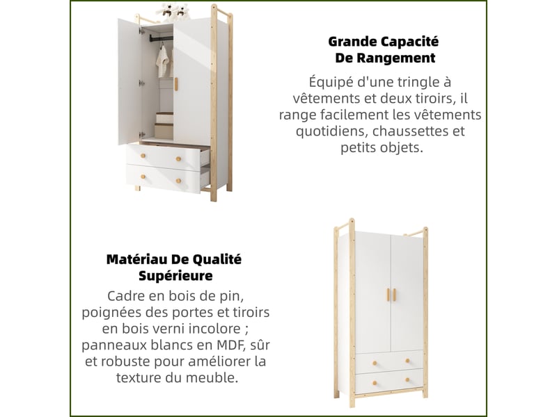 Armoire de chambre - armoire 2 portes avec penderie, 2 tiroirs, avec étagères, 90 x 45 x 180 cm, naturel + blanc - Conforama W