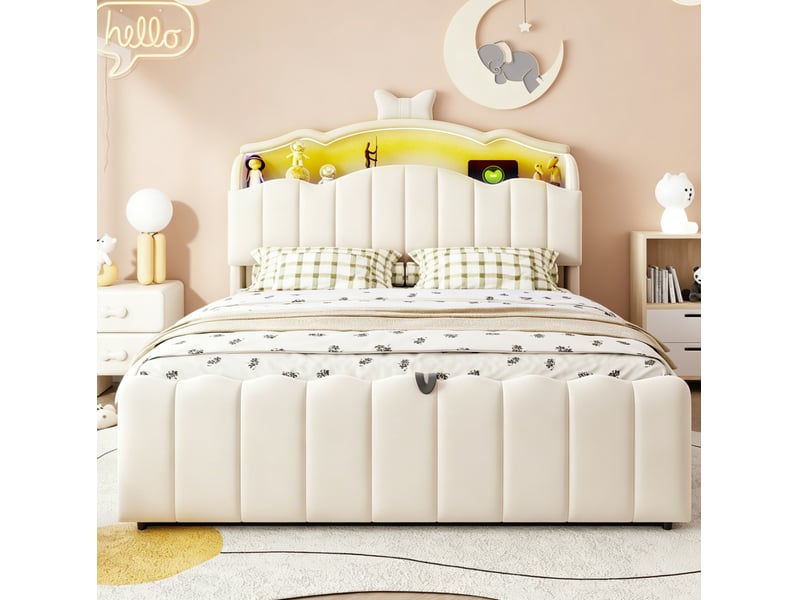 Lit coffre enfant 140x200 cm avec éclairage led, métal et mdf, beige sans matelas  - Conforama D