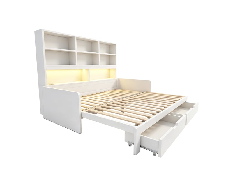 Canapé-lit en bois 180 x 200 cm - avec lit gigogne - avec lumière led - avec prise électrique - avec 2 tiroirs - blanc (matelas non inclus) - Conforama R