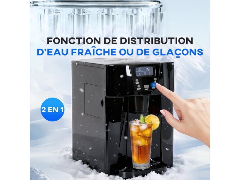  Machine à glaçons avec distributeur d'eau, ice maker, 12kg en 24h, 9 glaçons en 6-10 minutes, 25,2x38,9x36,3cm, noir  - Conforama E