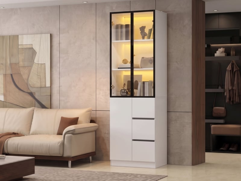 Vitrine blanche à led avec portes vitrées et cadre aluminium, en panneaux de particules, 60 × 40 × 180 cm, pour salon - Conforama B