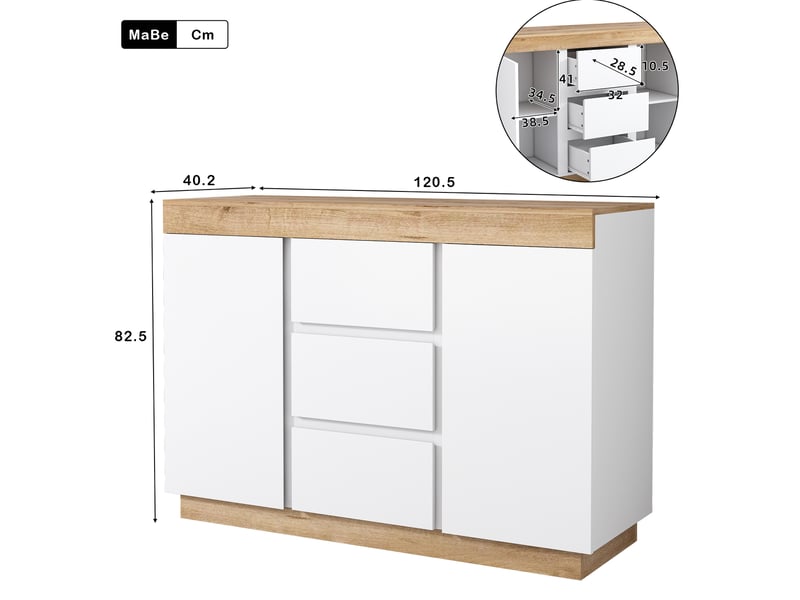  Commode avec 3 tiroirs et 2 portes, style classique, pour chambre et salon, panneau de particules blanc chêne  - Conforama E