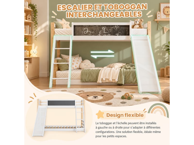  Lit superposé enfant 90x200 cm bois et panneaux, avec toboggan, escalier et barrières de sécurité, sans matelas  - Conforama E
