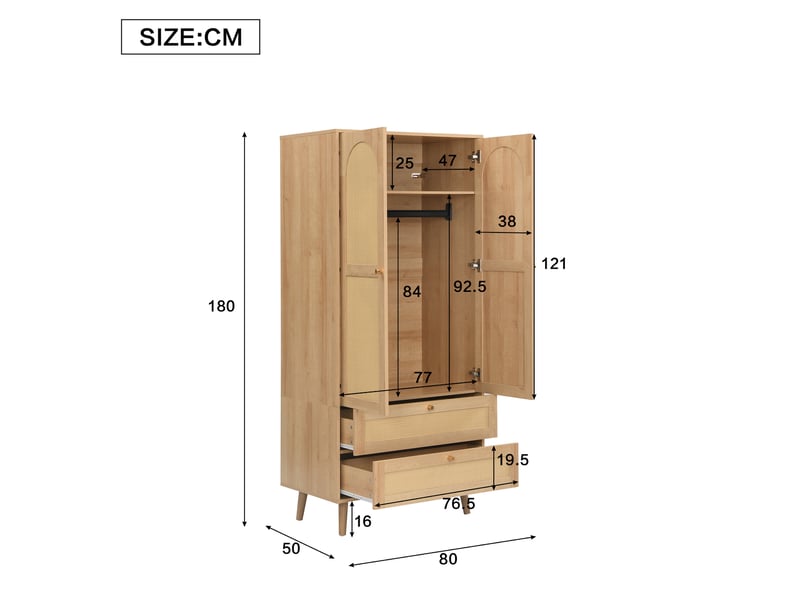  Armoire avec penderie étagères et 2 tiroirs finition rotin pour chambre et dressing en mdf naturel 80 × 50 × 180 cm  - Conforama D