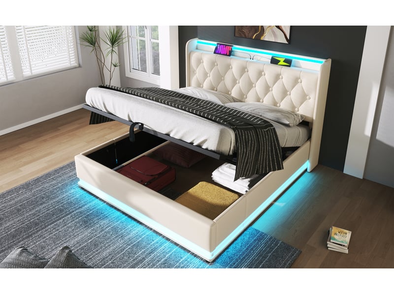  Lit coffre double 160x200 cm avec led et usb type-c - rangement hydraulique, simili cuir blanc, matelas inclus  - Conforama B