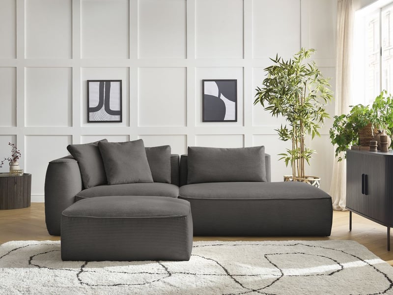  Bobochic canapé droit fixe 3 places leopold velours côtelé avec pouf taupe  accoudoir gauche LEOPOLD - Conforama C