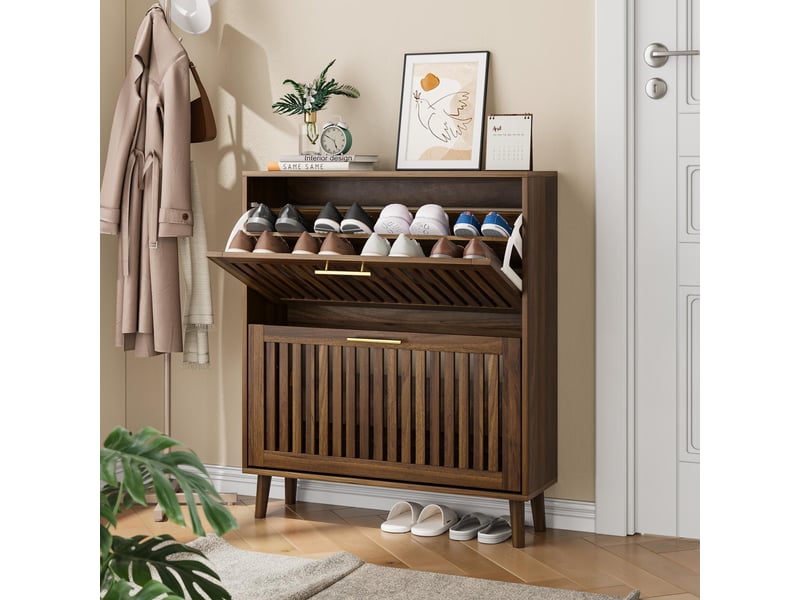  Meuble à chaussures 80 x 24 x 92.5 cm - 2 portes abattantes à grille – style mid-century modern -bois - noyer  - Conforama D