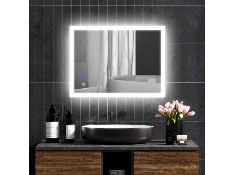  Miroir de salle de bain led antibuée avec 3 couleurs et luminosité réglable, en métal et verre, 80 x 60 x 3 cm  - Conforama C