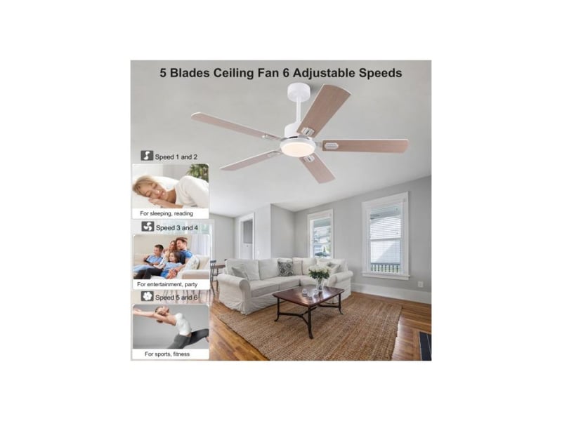  Ventilateur de plafond 132 cm, avec lumière led, télécommande, réversible, 6 vitesses, blanc et bois clair  - Conforama D