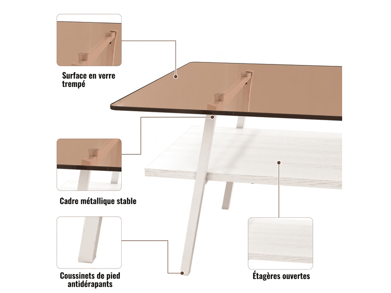  Table basse en verre trempé, table de salon rectangulaire, table basse 98x58 cm, pieds en métal blanc, design moderne blanc et marron  - Conforama E