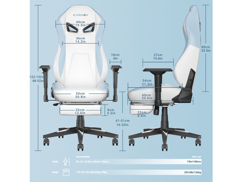  Chaise gaming ergonomique 60x53x132 cm blanche et bleue en simili cuir, repose-pieds et soutien lombaire  - Conforama C