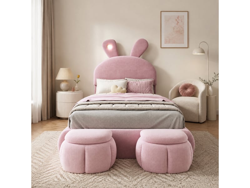  Lit simple enfant 200×90 cm à oreilles de lapin avec led réglable et 2 poufs de rangement, en velours rose, sans matelas  - Conforama B