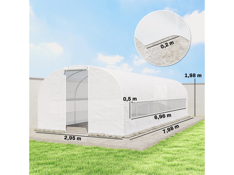  Serre tunnel de jardin 24m², serre de jardin tunnel avec cadre en acier galvanisé, portes et 2 grandes fenêtres, blanc  - Conforama E