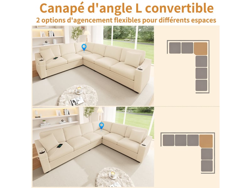  Canapé d'angle modulable 6 places en l, usbtype-c, 2 porte-gobelets, 2 coussins, tissu côtelé beige  - Conforama D