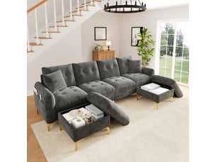 Canapé droit 4 places, canapé d'angle modulaire en u avec 2 poufs à rangement et 2 coussins déco, chenille gris