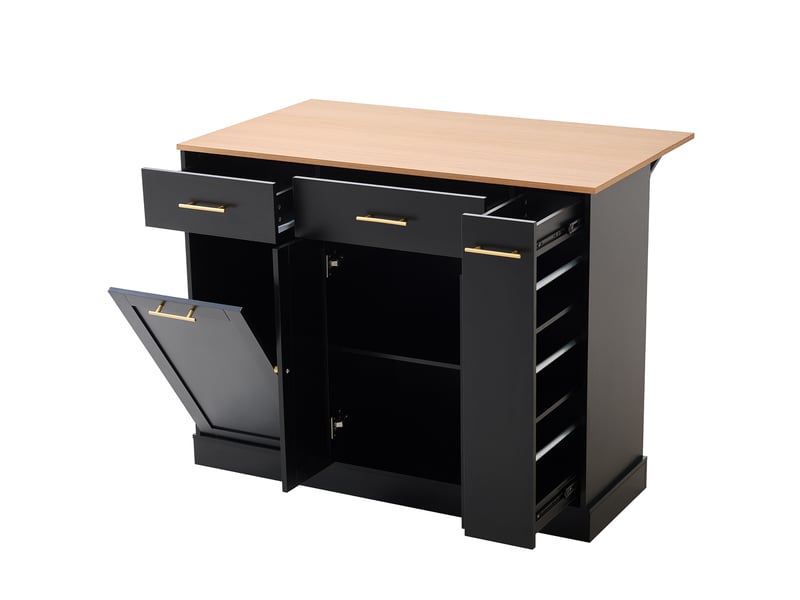  Îlot de cuisine noir avec plateau rabattable de 120 cm, rangement latéral coulissant et compartiment poubelle  - Conforama A