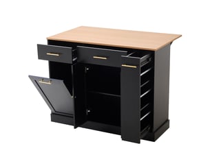 Îlot de cuisine noir avec plateau rabattable de 120 cm, rangement latéral coulissant et compartiment poubelle