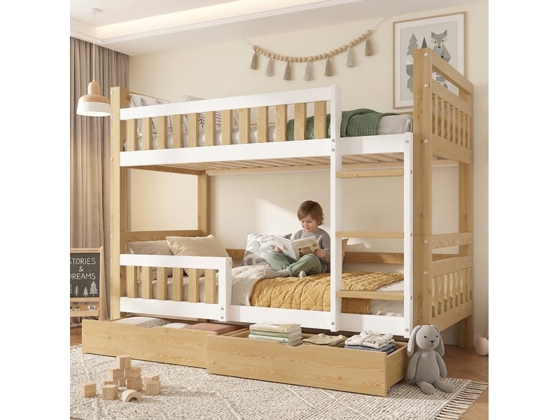  Lit superposé enfant 90x200 cm modulable en 2 lits avec tiroirs, blanc et naturel, sans matelas  - Conforama W