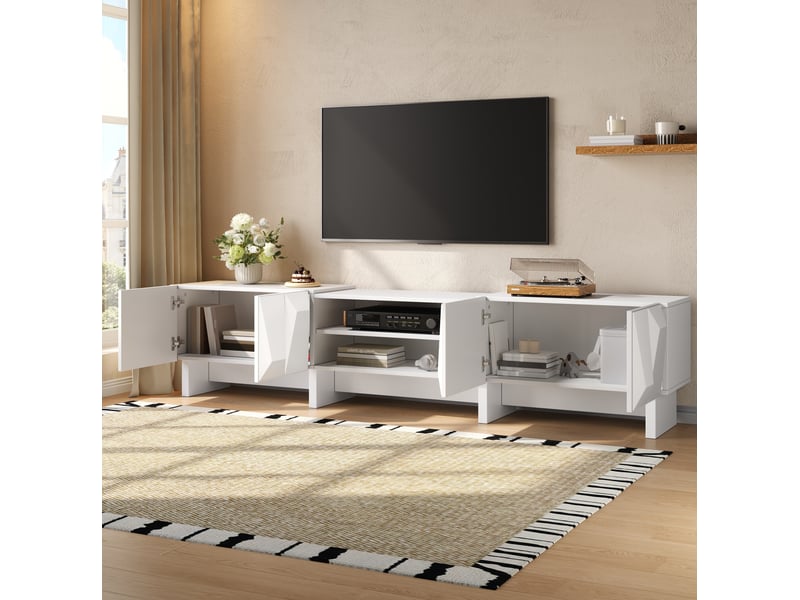  Meuble tv 180x34x44,5 cm – blanc – rangement fermé, niches ouvertes, passe-câbles, style moderne  - Conforama D