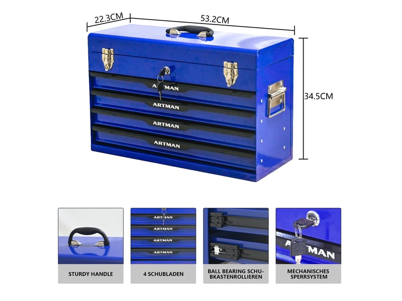  Boîte à outils 53.2x22.3x34.5 cm avec tiroirs en métal bleu et noir  - Conforama C