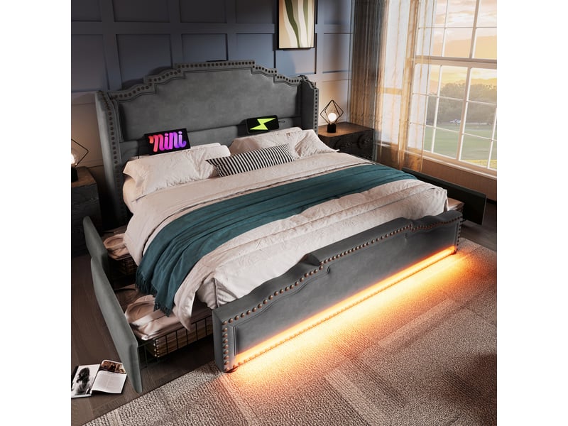  Lit 140x200 cm coffre velours gris rangements éclairage led port usb-c sommier matelas inclus  - Conforama D