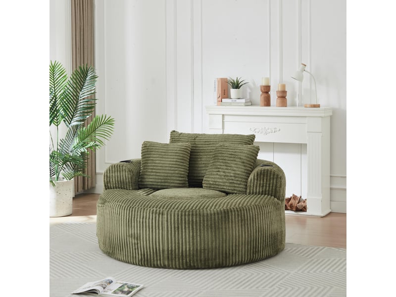 Fauteuil 2 places - 142x142x63 cm - fauteuil poire indépendant en velours côtelé avec 3 coussins et 2 porte-gobelets - vert - Conforama D