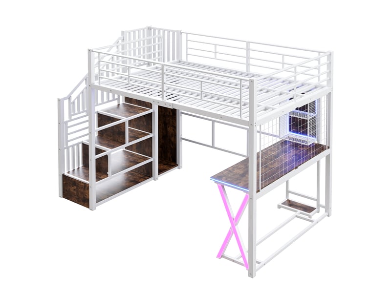 Lit mezzanine 140 x 200 cm avec bureau, armoire, led et escalier avec rangement, lit double en métal blanc avec étagères et garde-corps - Conforama E