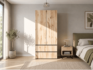 Armoire 2 portes battantes, 2 tiroirs, penderie et rangement haut, 90 × 50 × 200 cm, effet chêne, noir et bois naturel