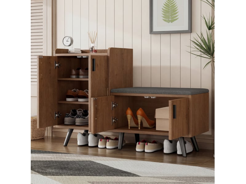  Banc à chaussures avec rangement 120x34x82,8 cm, 4 portes, assise rembourrée, panneau de particules naturel  - Conforama B