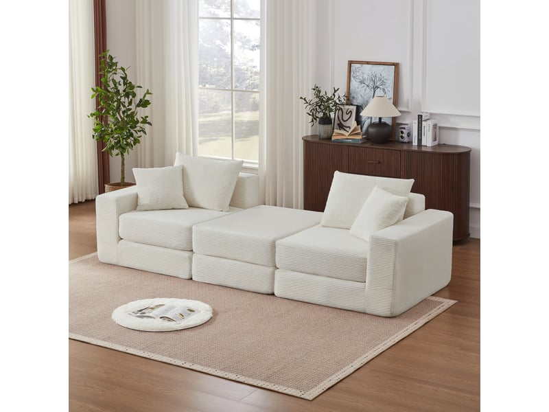  Canapé d'angle modulaire sans cadre, convertible en 3 configurations, velours côtelé, antidérapant, pour salon, blanc  - Conforama B