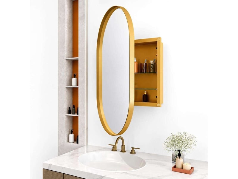  Miroir armoire ovale 85x51,5 cm cadre métal doré – rangement mural ou encastré  - Conforama B