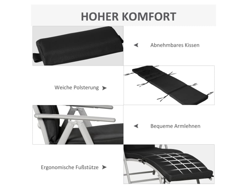 Chaise longue de plage pliante noire, 7 positions, coussin, résistante aux intempéries, 137 x 63,5 x 100,5 cm  - Conforama D