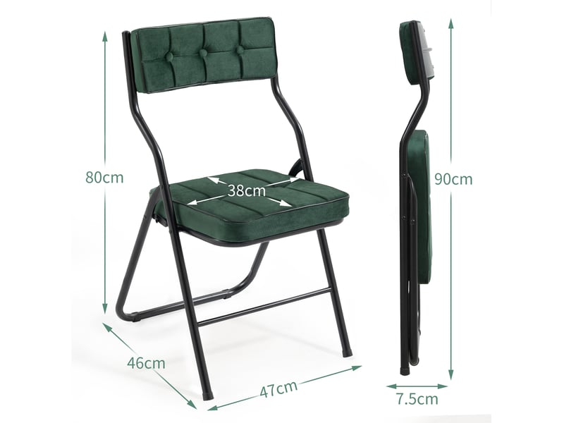  Lot de 2 chaises pliantes 47x46x80 cm, assise et dossier rembourrés courbés, velours vert, structure en acier  - Conforama C