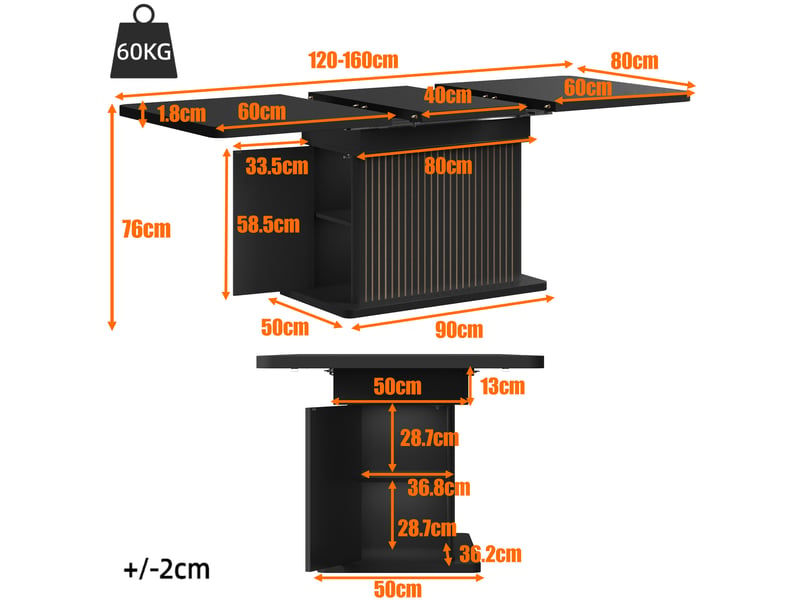 Table de salle à manger extensible 120-160x80x76 cm, rangement caché, relief vertical, multifonction, mdf, noir - Conforama C