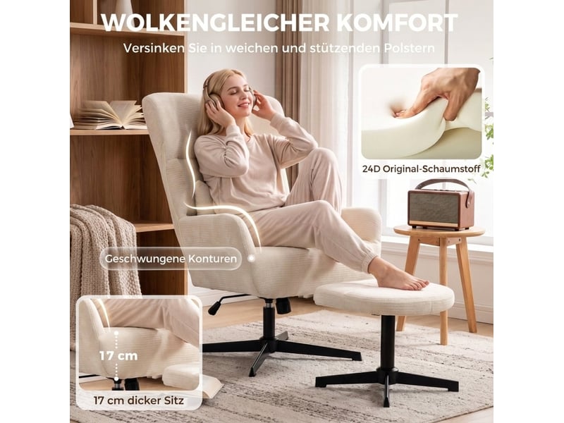  Fauteuil relax pivotant réglable en hauteur avec repose-pieds et coussin lombaire en chenille crème  - Conforama D