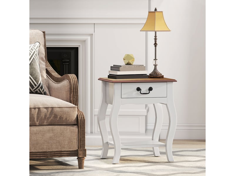  Table de chevet en bois de style français avec tiroir et étagère ouverte, 45 x 35 x 55 cm, blanc et chêne  - Conforama C