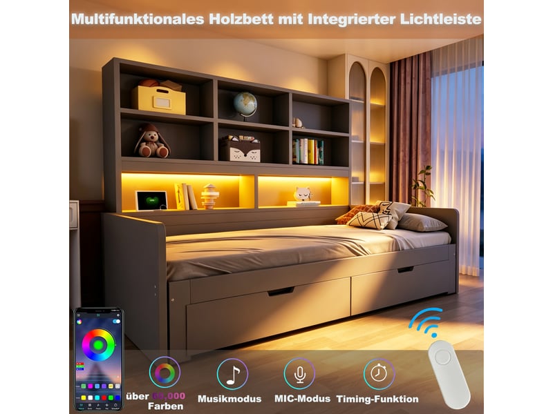 Lit banquette 90×200 cm extensible 180×200 cm avec 2 tiroirs, led et prises - okmyhome- mdf, gris, sans matelas - Conforama E