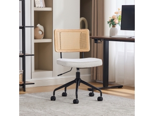 Chaise de bureau vintage en rotin avec roulettes — tissu chenille ivoire, réglable et pivotante
