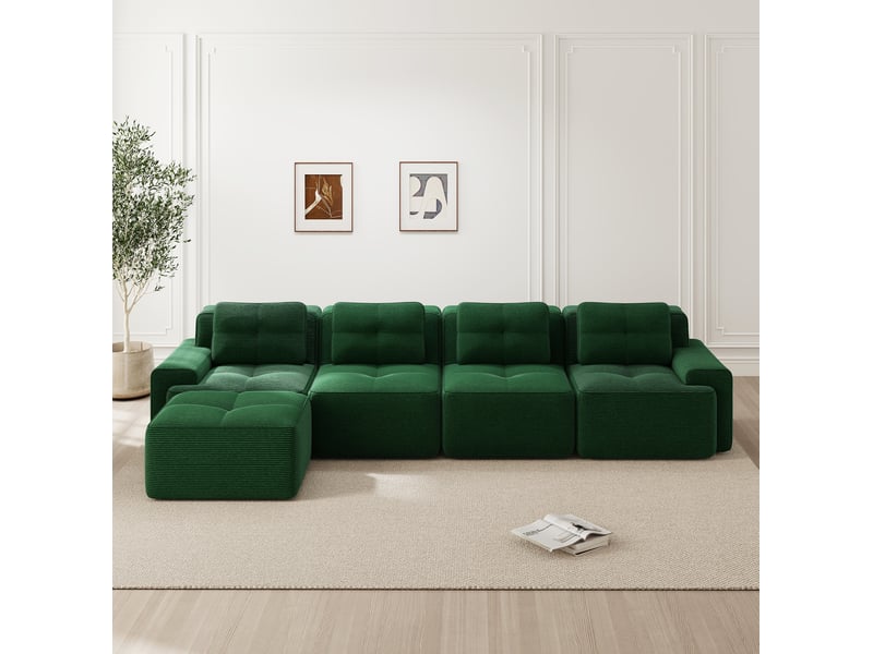 Canapé d’angle modulable 4 places en velours côtelé vert, assise profonde et confort moelleux pour le salon  - Conforama E