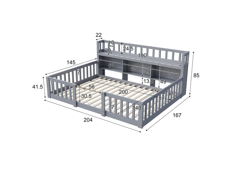 Lit enfant au sol 140x200 cm, lit montessori avec bibliothèque et barrière, lit double, bois, style scandinave moderne, gris  - Conforama E